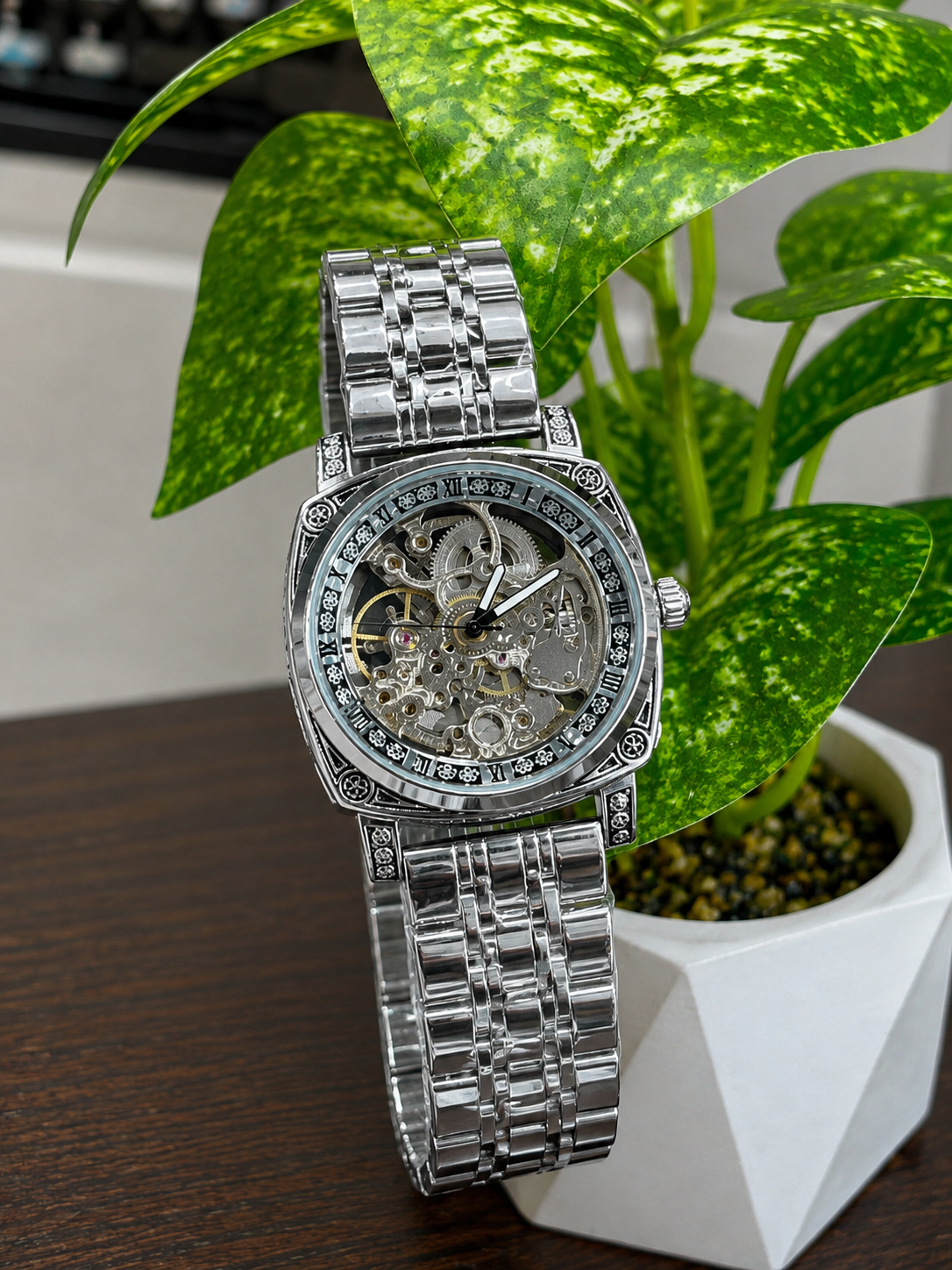 Luxury skeleton mechanical-style wristwatch