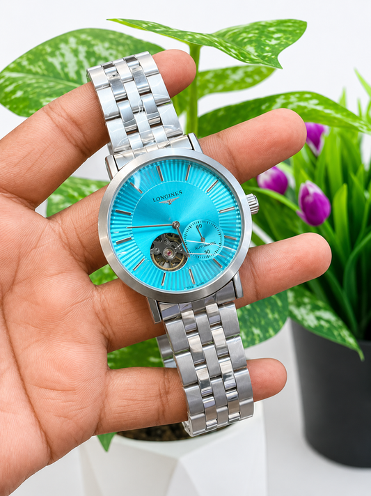 Longines-style automatic open-heart dress watch