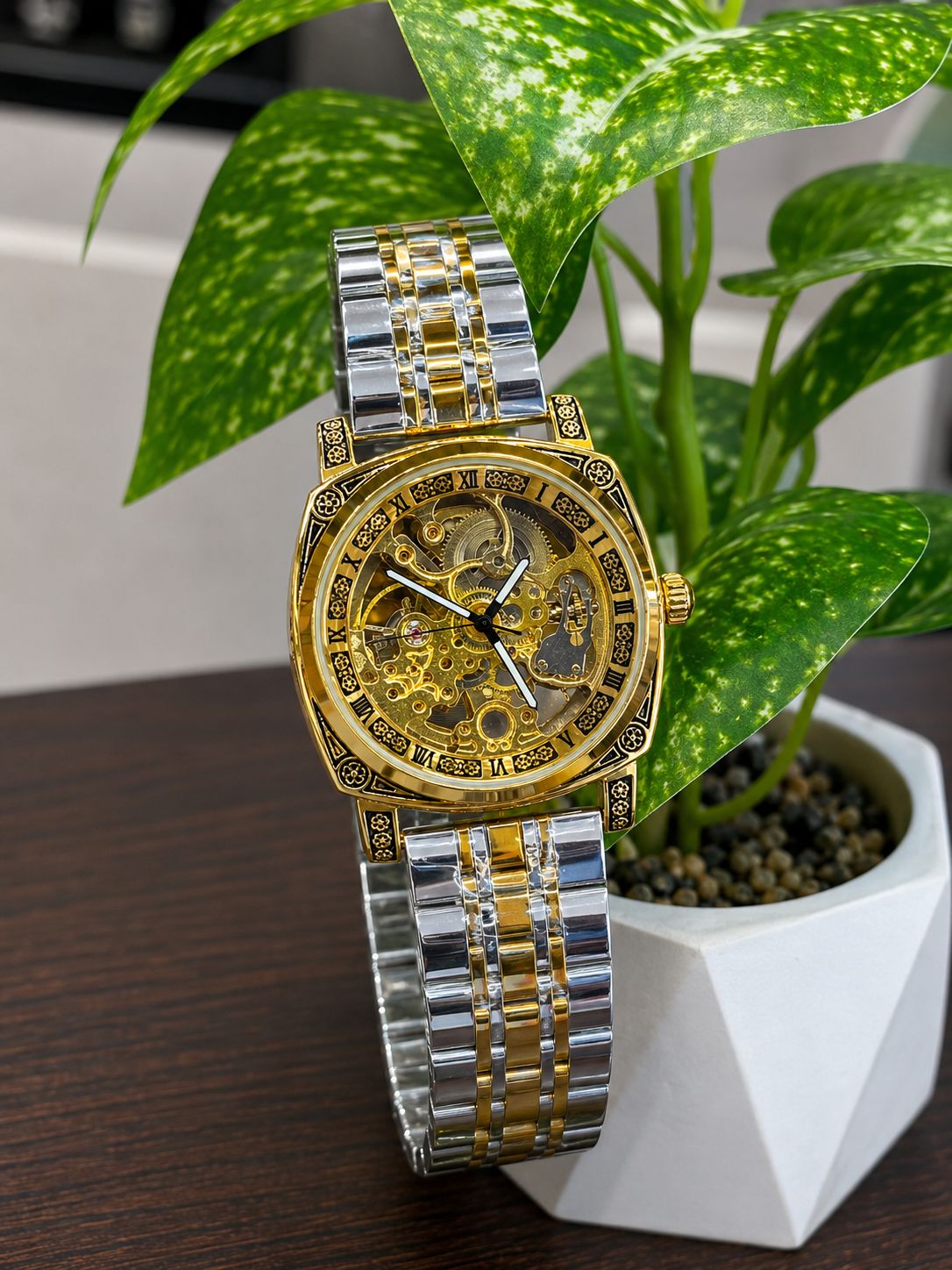 Luxury skeleton mechanical-style wristwatch