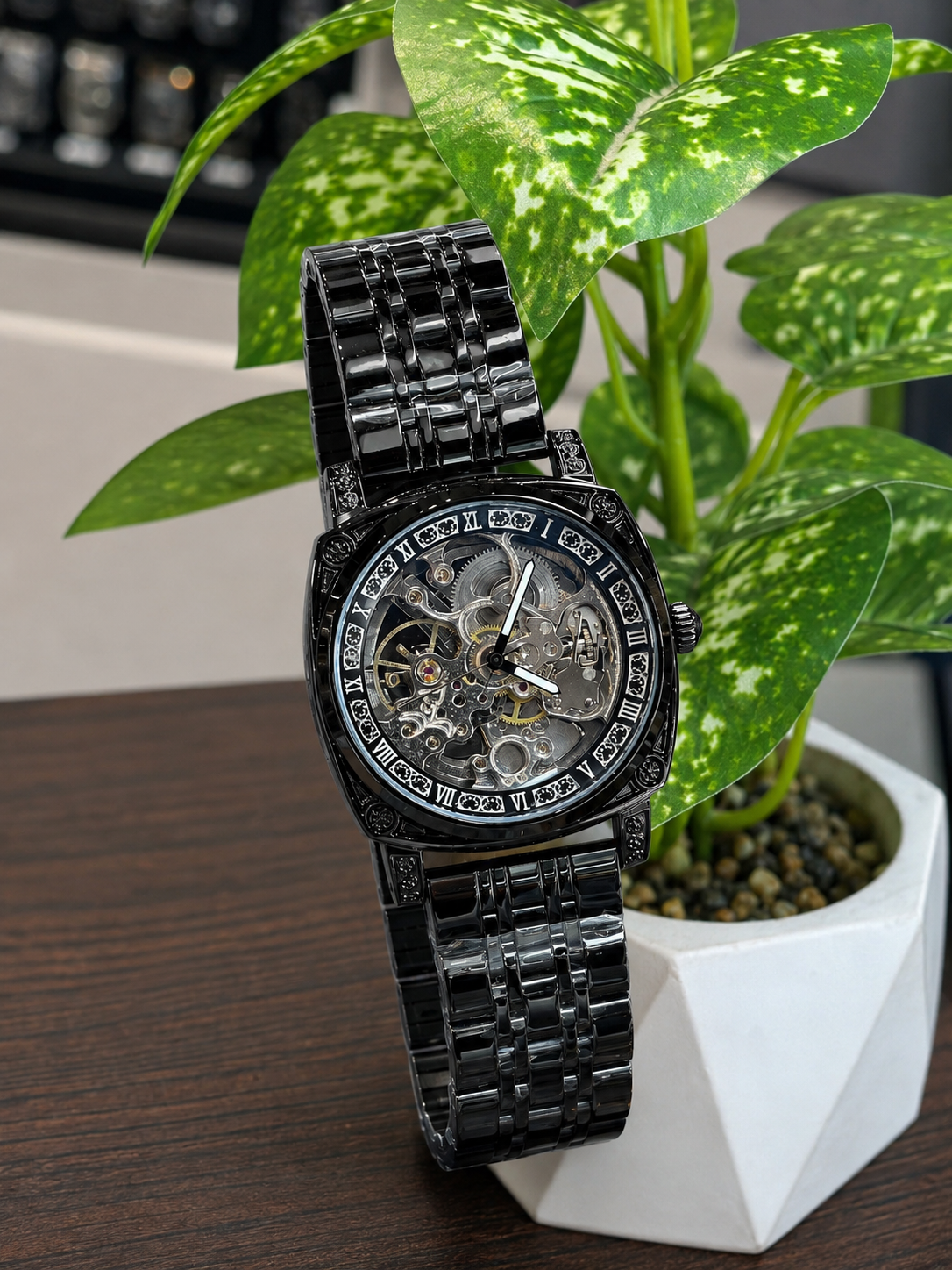 Luxury skeleton mechanical-style wristwatch