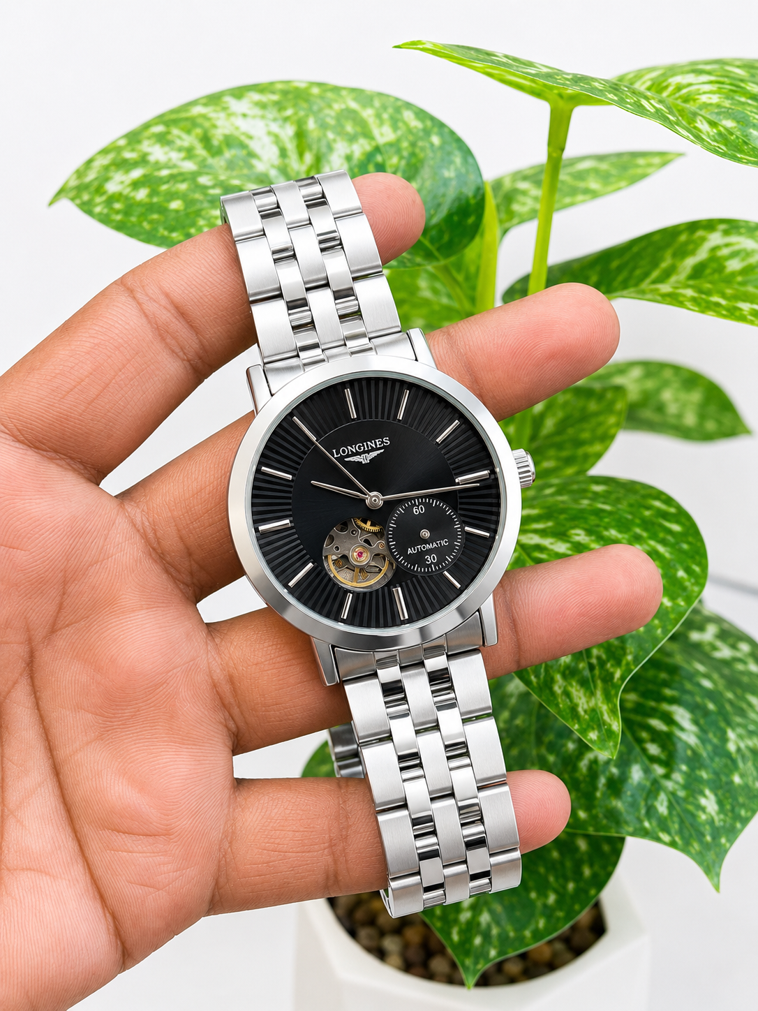 Longines-style automatic open-heart dress watch