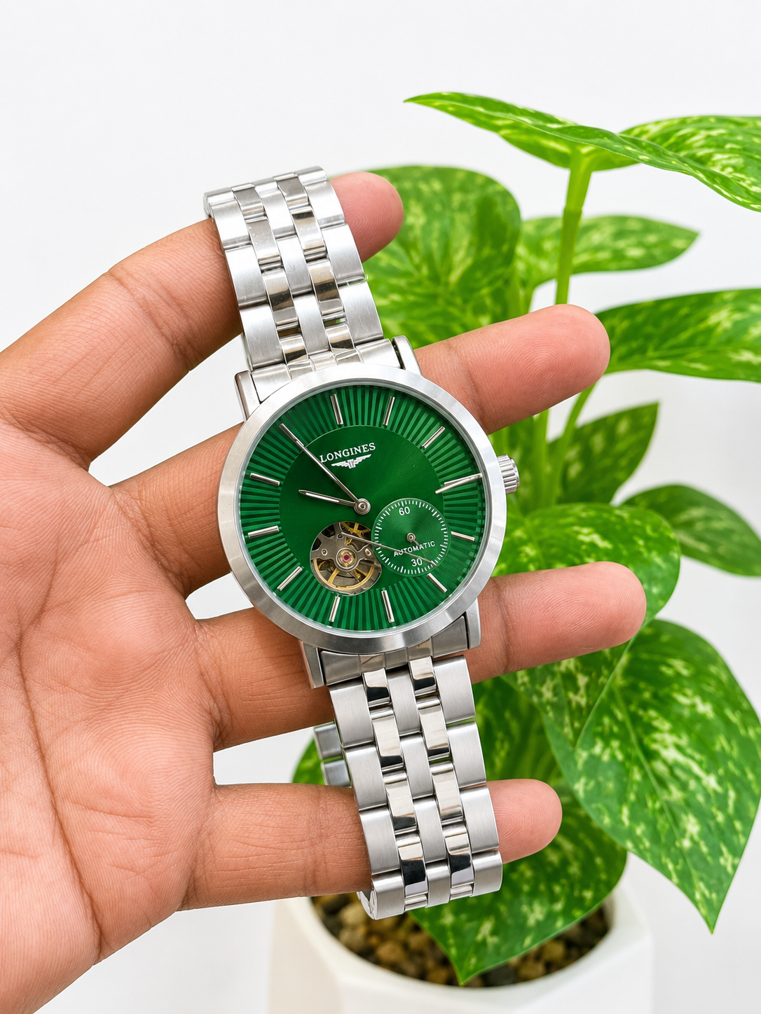 Longines-style automatic open-heart dress watch
