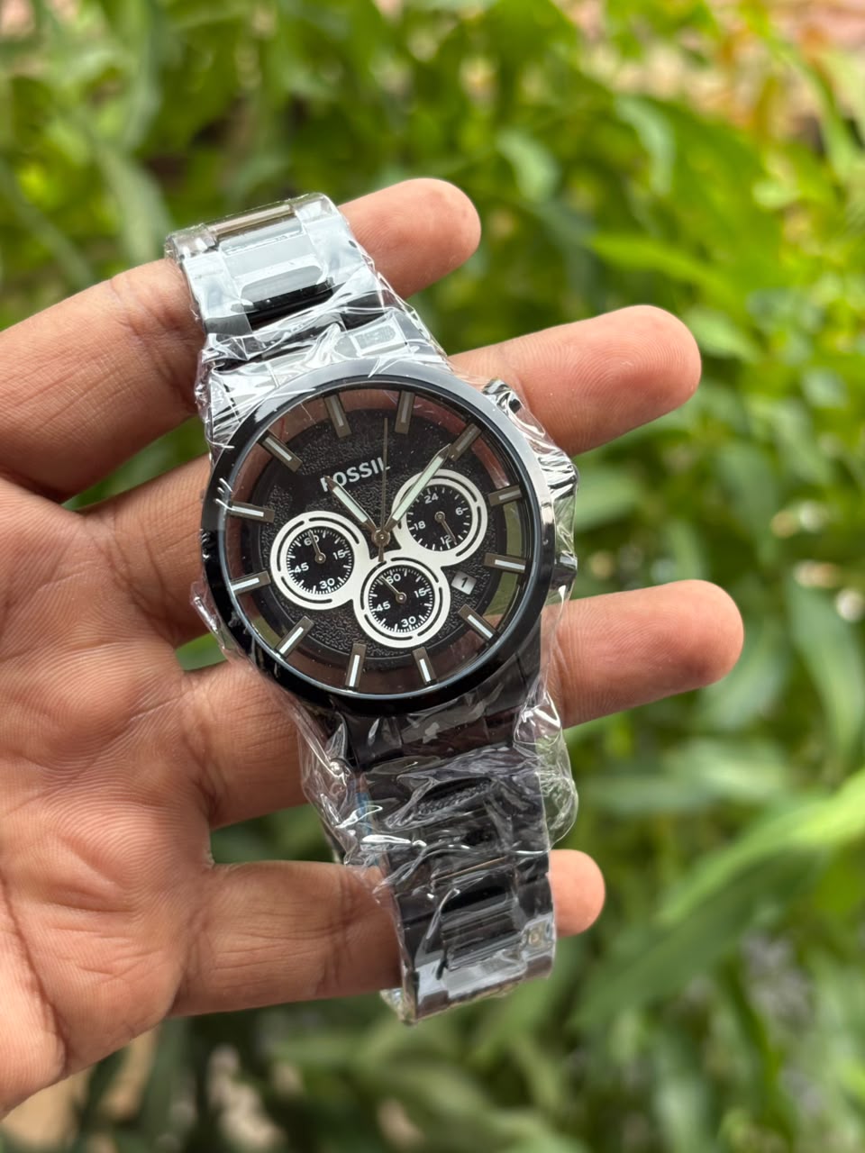 Fossil-style stainless steel chronograph watch