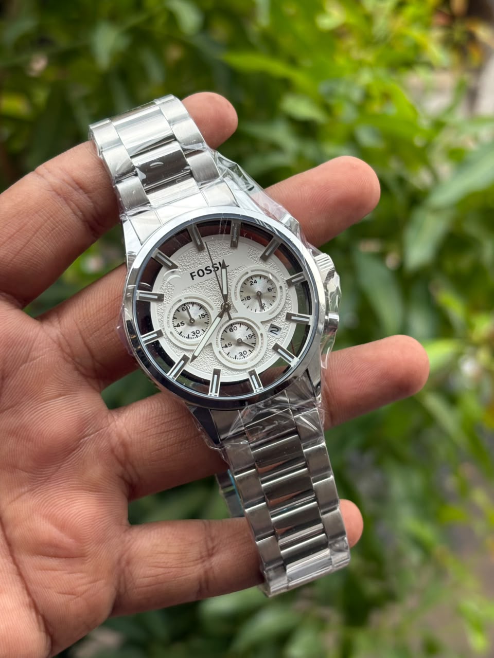 Fossil-style stainless steel chronograph watch
