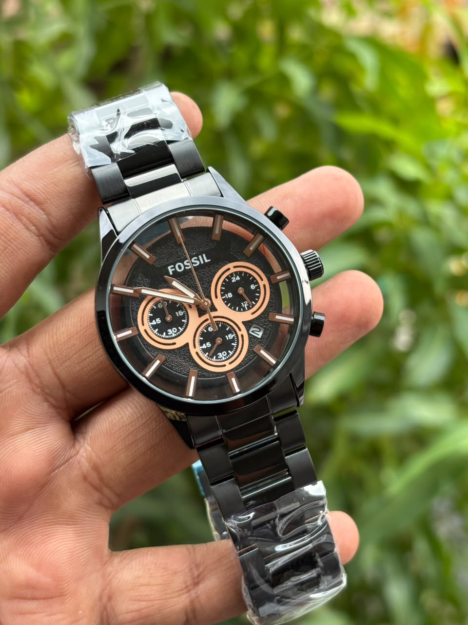 Fossil-style stainless steel chronograph watch