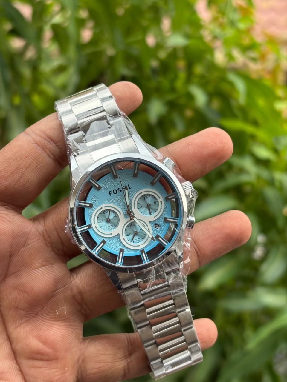 Fossil-style stainless steel chronograph watch