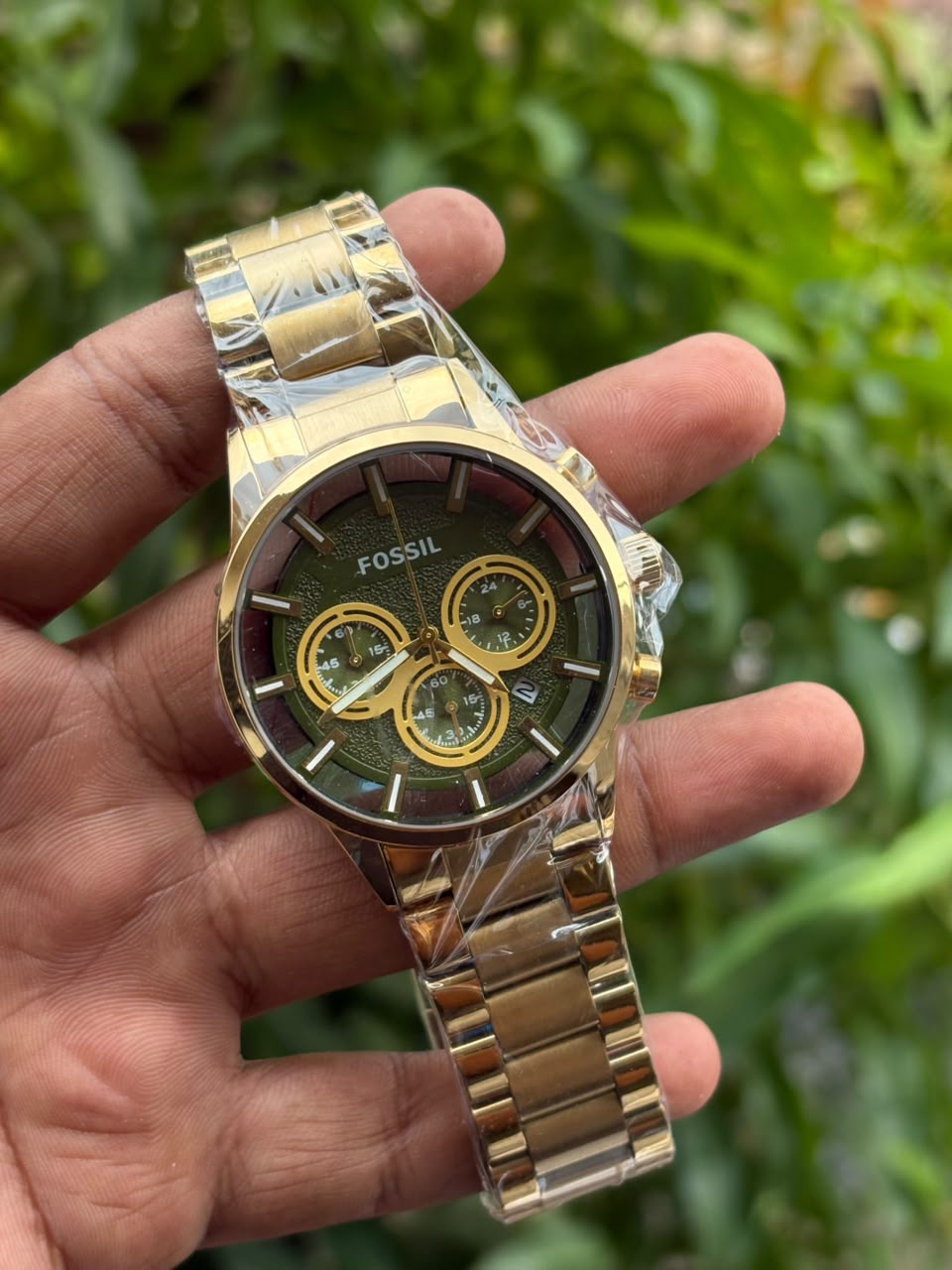 Fossil-style stainless steel chronograph watch