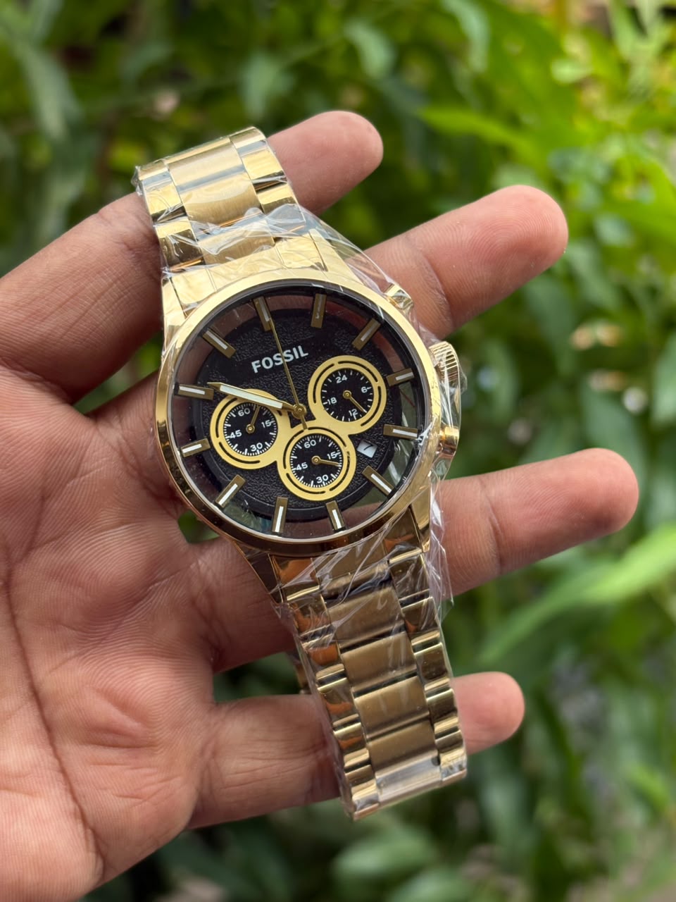 Fossil-style stainless steel chronograph watch