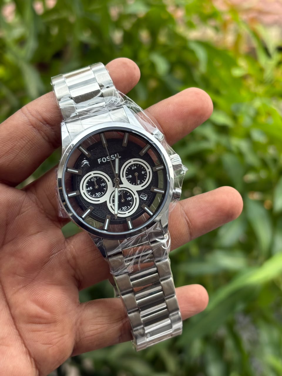 Fossil-style stainless steel chronograph watch
