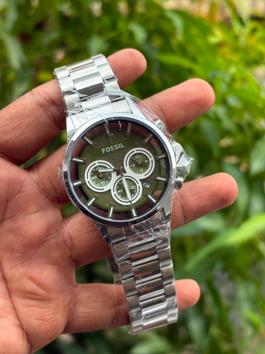 Fossil-style stainless steel chronograph watch