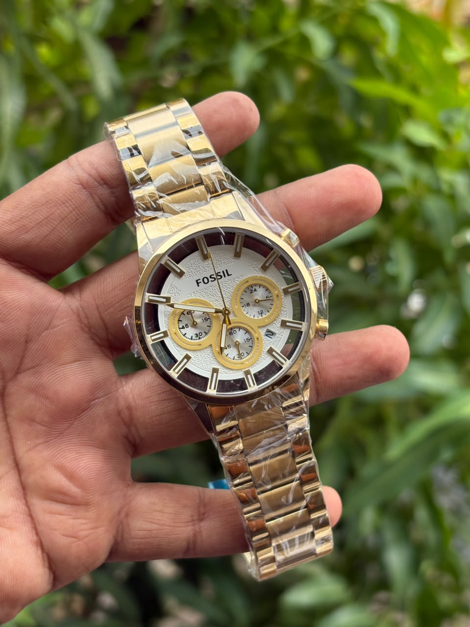 Fossil-style stainless steel chronograph watch