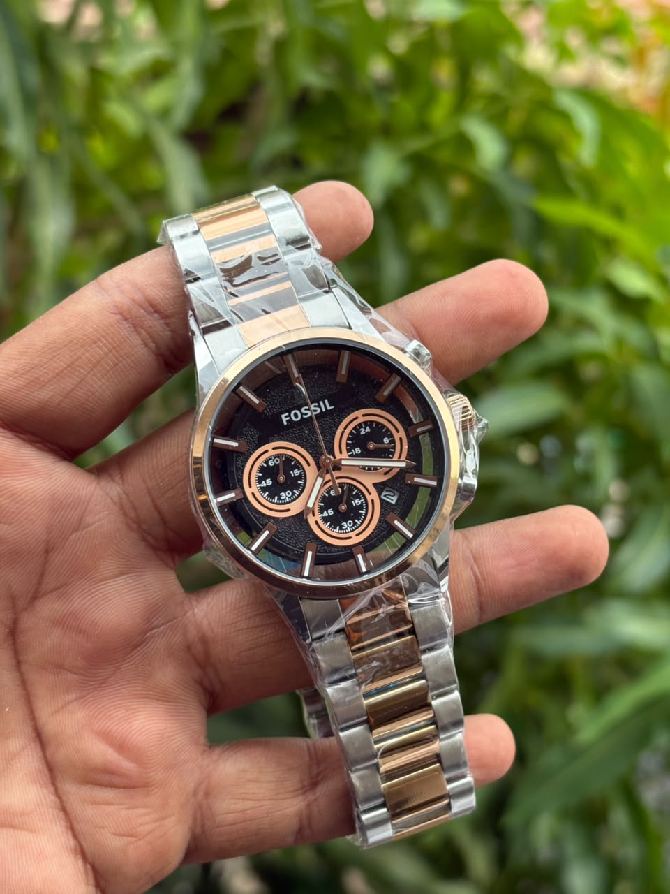 Fossil-style stainless steel chronograph watch