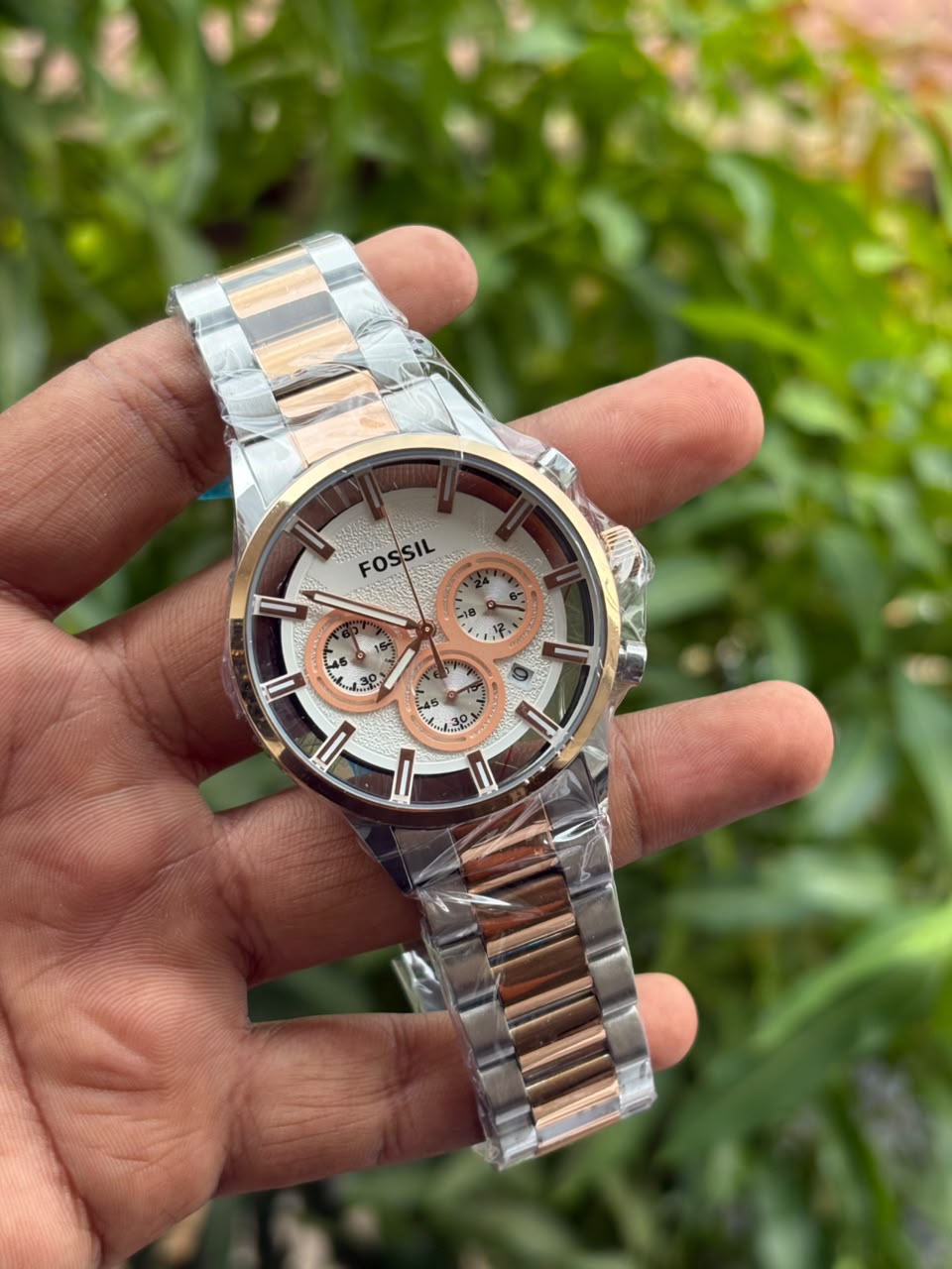 Fossil-style stainless steel chronograph watch